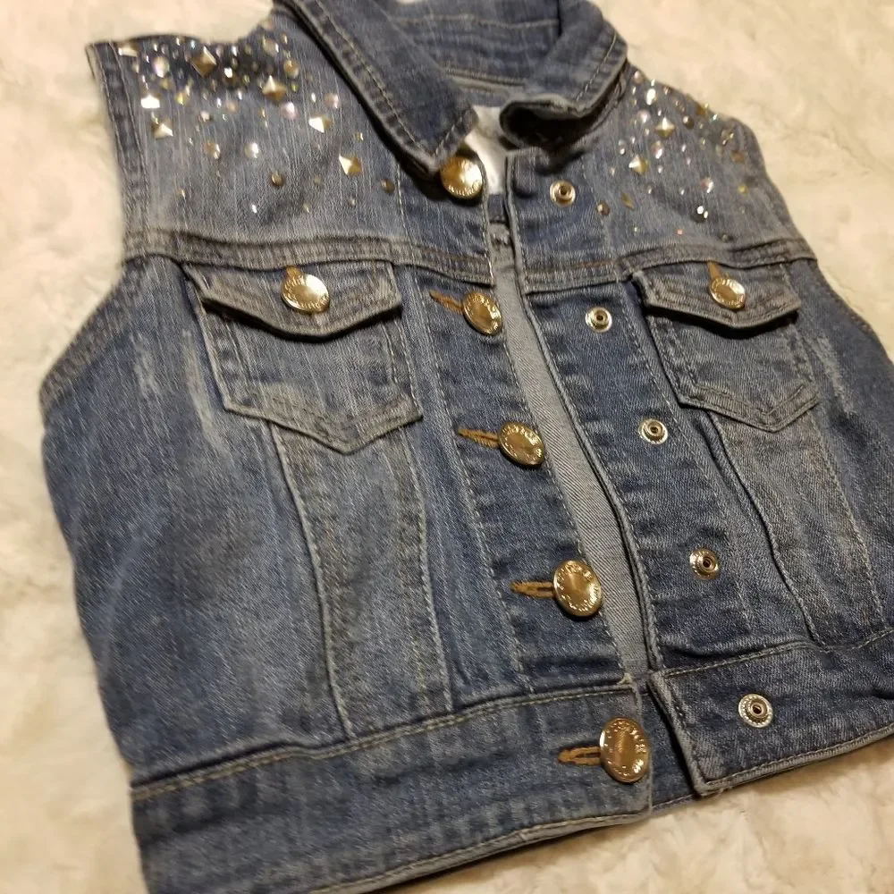Justice Studded Denim Jean Kids Girls Vest Sleeveless Rhinestones Size 6/7